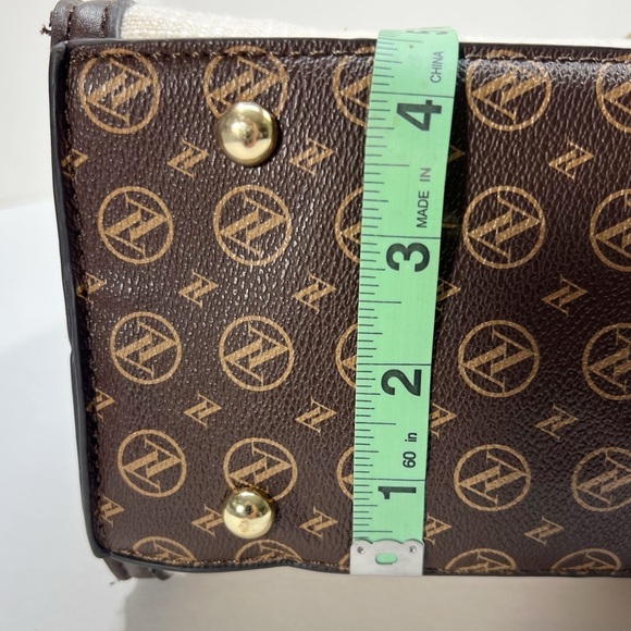 Adrienne Vittadini Brown Vegan Leather and Cream Linen Medium Handbag - Picture 3 of 11